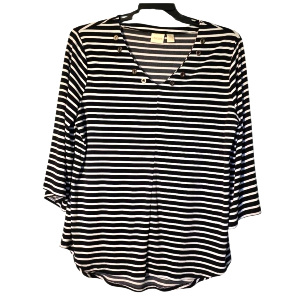 Chico's Black and White Striped Nautical Tunic Top With Grommets XL EUC